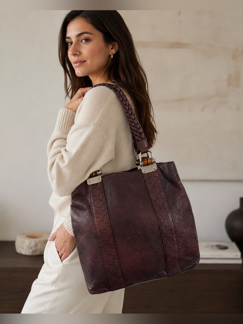 Gucci Vintage Bamboo Bar Tote Brown Leather GG Braided Handle Bag